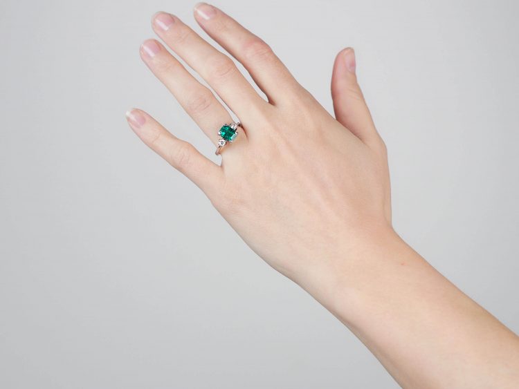 18ct White Gold, Emerald & Diamond Three Stone Ring