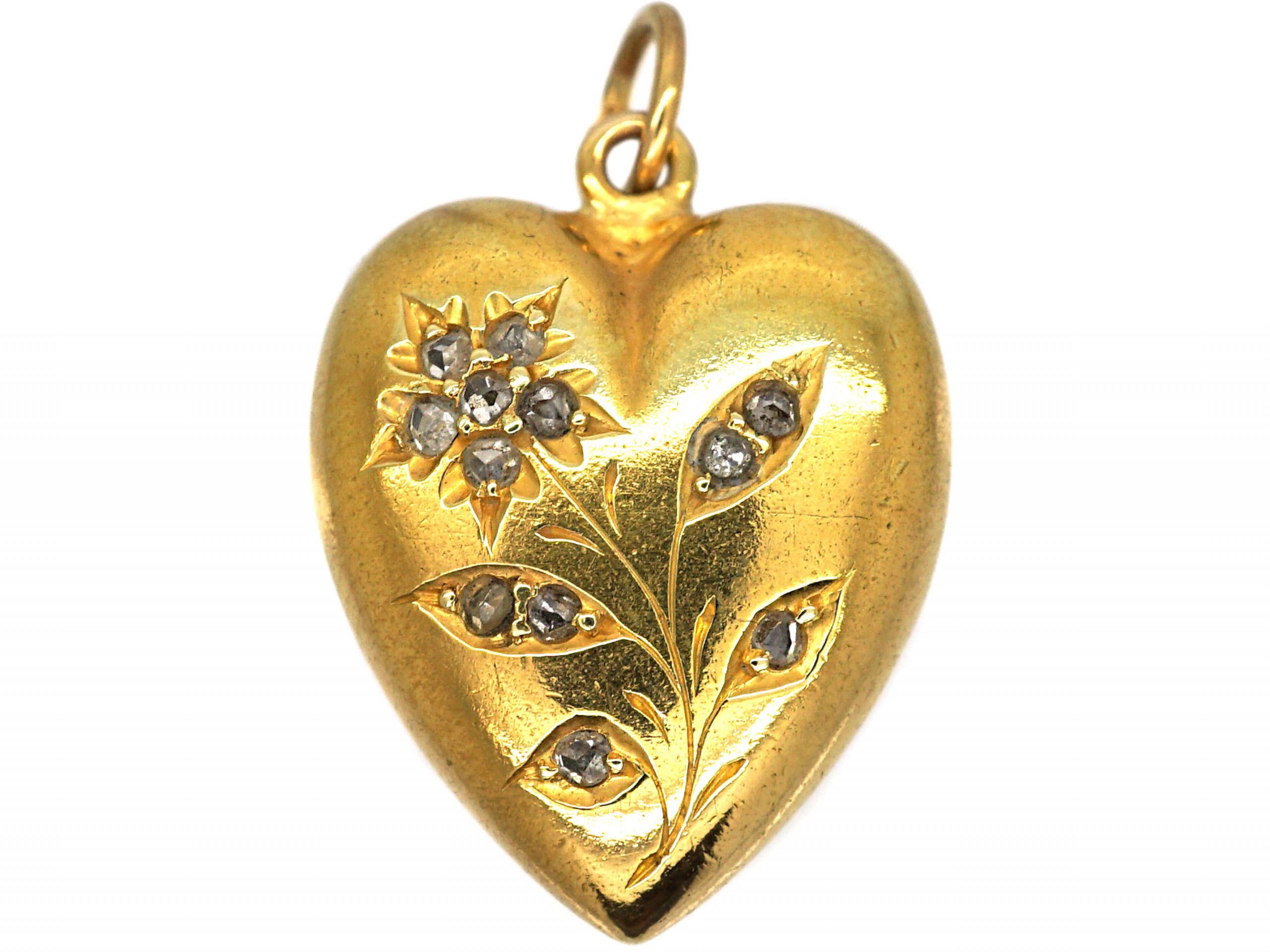 Edwardian 15ct Gold Heart Shaped Pendant with Rose Diamond Set Flower ...