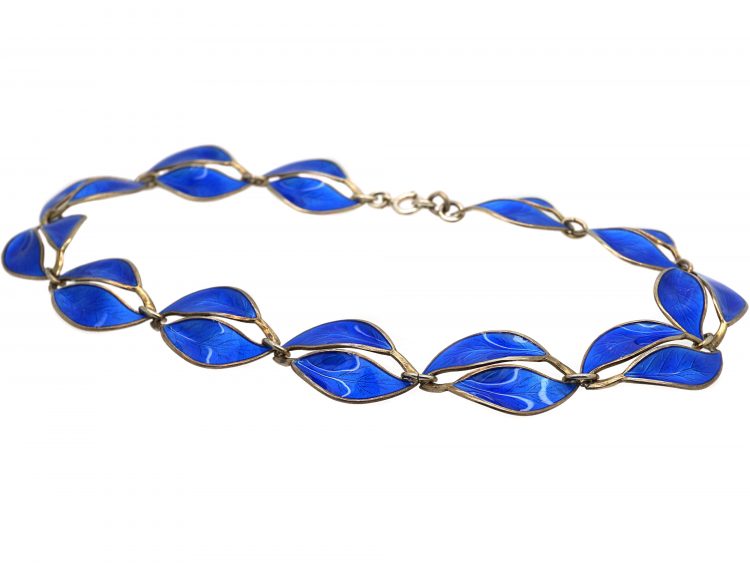 Silver & Blue Enamel Double Leaf Design Necklace by Willy Winnaess for  David Andersen