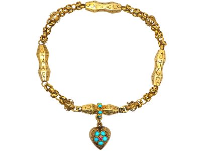 Georgian 15ct Gold & Turquoise Forget Me Not Bracelet with Heart Shaped Drop with Glazed Locket on Reverse