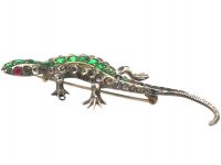 Art Deco Silver, Green, White & Red Paste Brooch of a Lizard