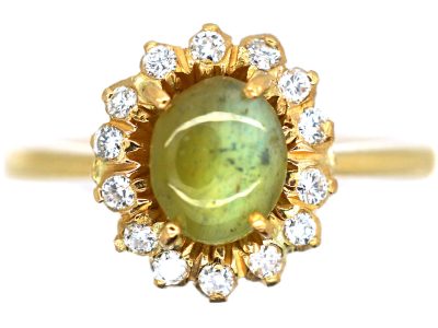 Edwardian 18ct Gold, Cat’s Eye Chrysoberyl & Diamond Cluster Ring
