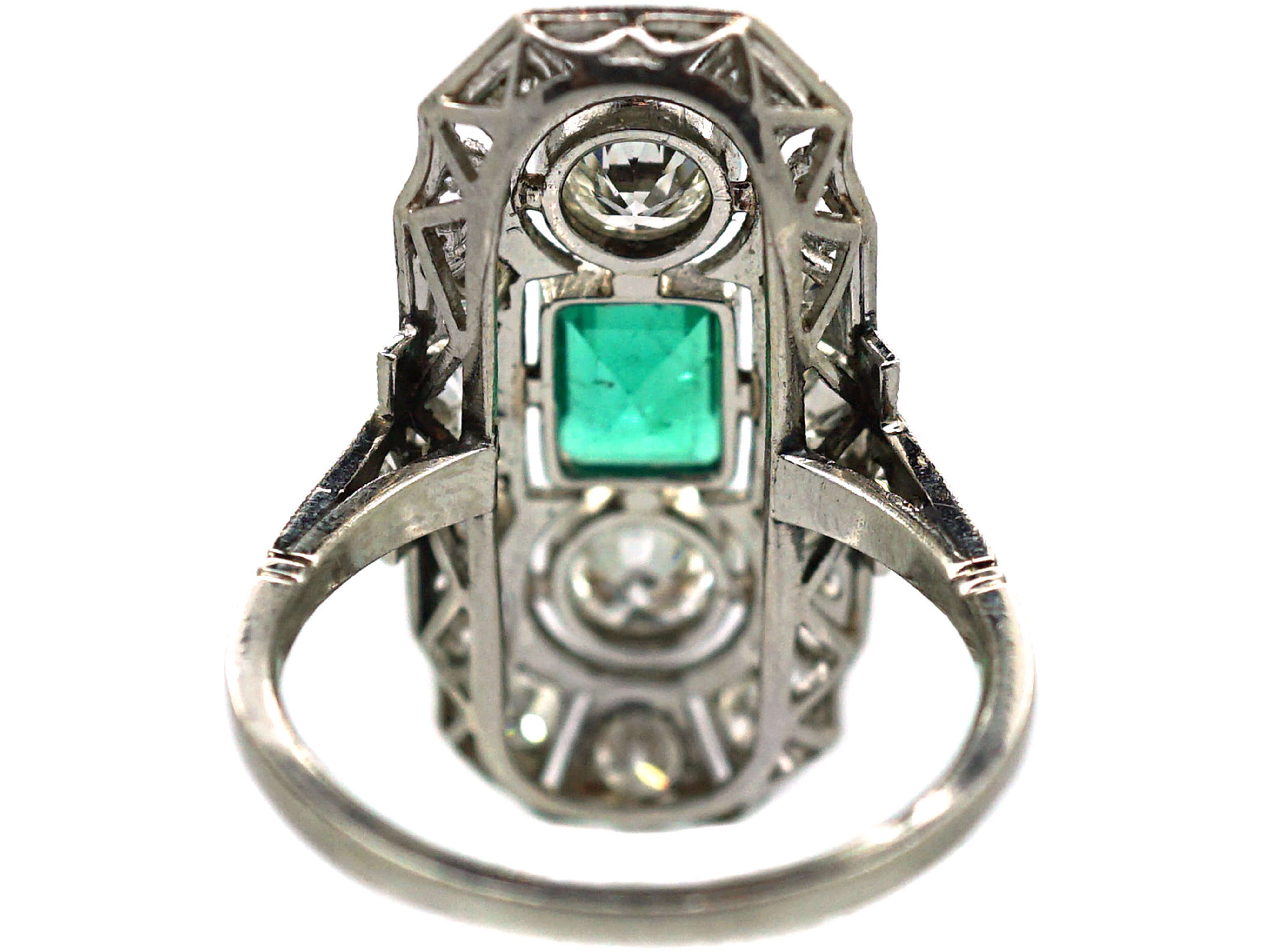 Early 20th Century Platinum, Emerald & Diamond Plaque Ring with Diamond ...