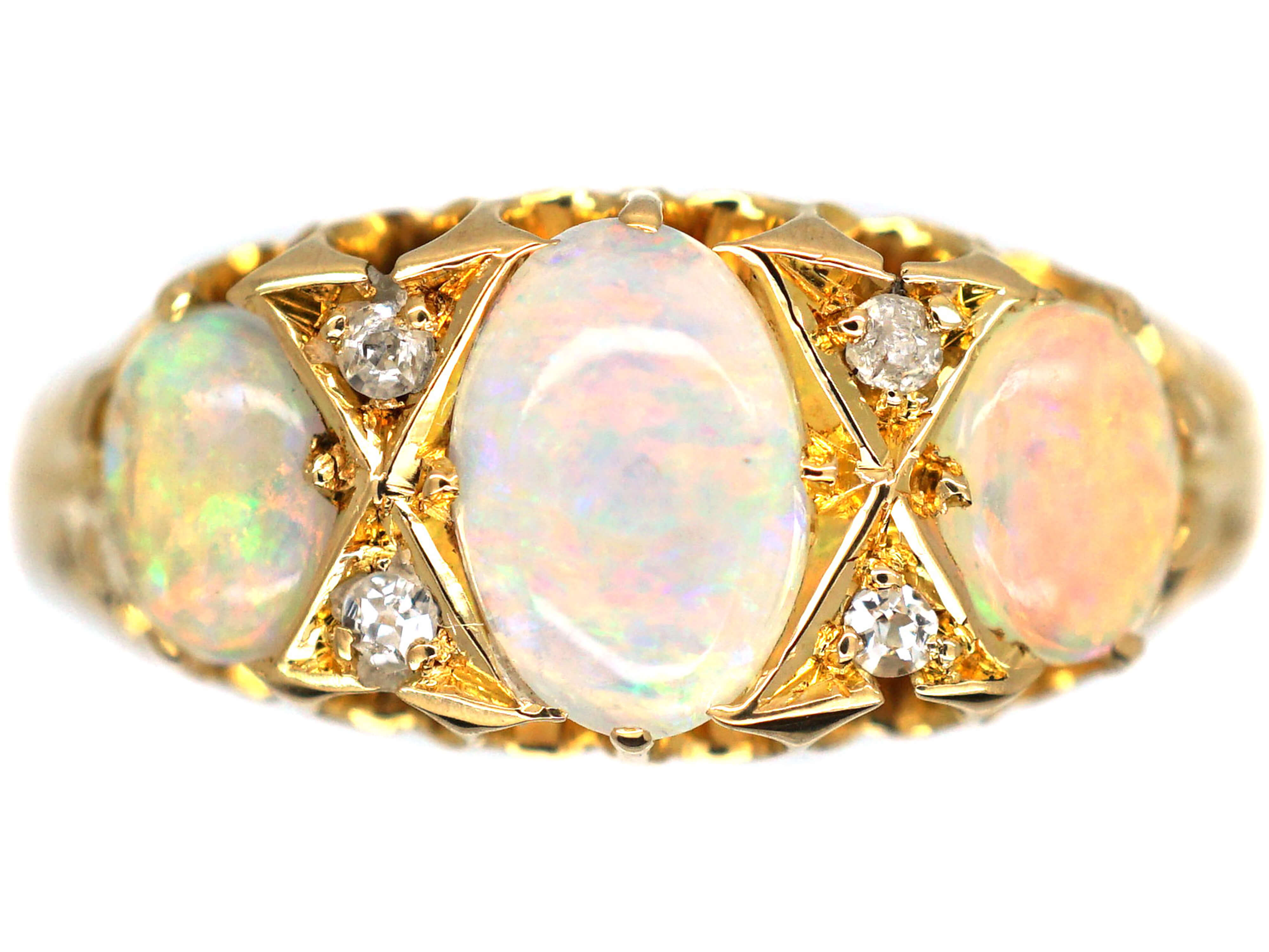 Edwardian 18ct Gold Three Stone Opal & Diamond Ring (916P) | The ...