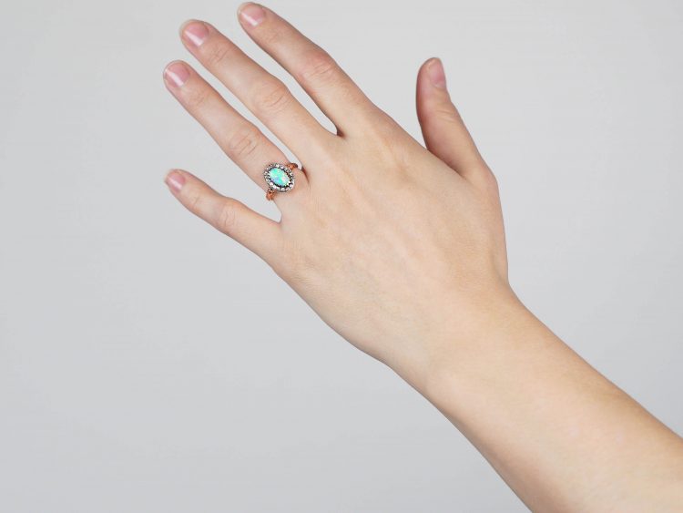 Edwardian 18ct Gold, Opal & Diamond Oval Cluster Ring