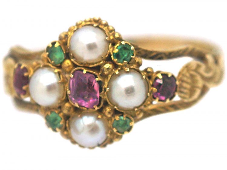 Regency 15ct Gold, Ruby Emerald & Natural Split Pearl Cluster Ring with Glazed Locket on Reverse