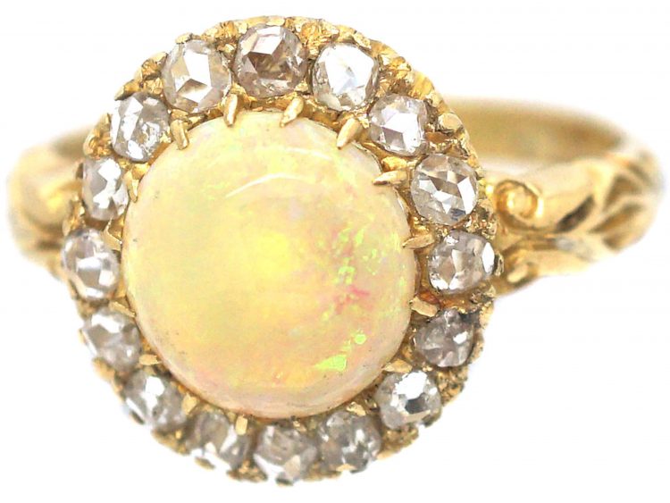 Victorian 18ct Gold , Opal & Rose Diamond Cluster Ring