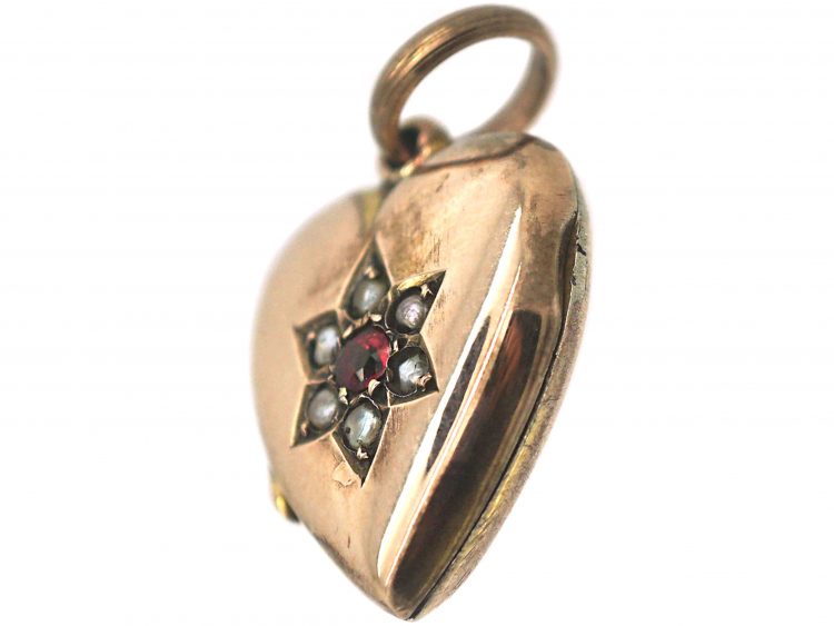 Edwardian 9ct Back & Front Heart Shaped Locket set with a Garnet & Natural Split Pearls