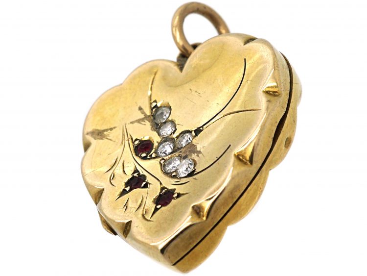 Edwardian 9ct Back & Front Heart Shaped Locket with Swallow Motif set with Garnets & Paste