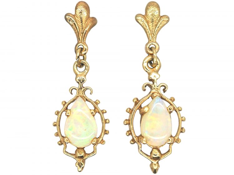 9ct Gold Drop Earrings set with Pear Shaped Opals