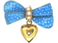 Edwardian 18ct Gold & Blue & White Enamel Bow Brooch with Heart Shaped Drop set with Natural Split Pearls