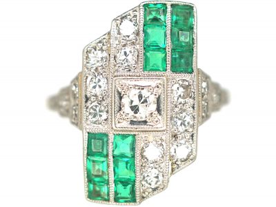 Art Deco 18ct Gold & Platinum, Emerald & Diamond Geometric Design Ring