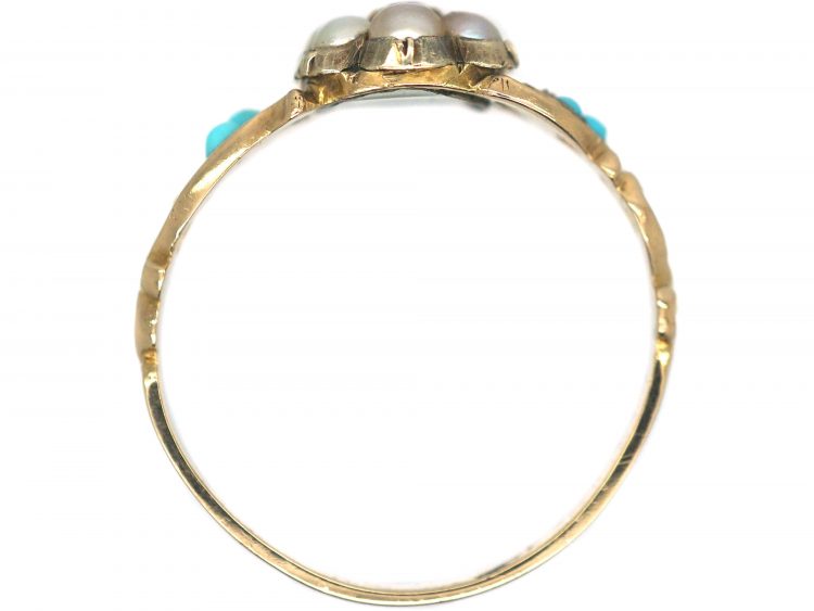 Regency 15ct Gold Ruby & Natural Split Pearl Cluster Ring with Turquoise set Shoulders & Glazed Locket on Reverse