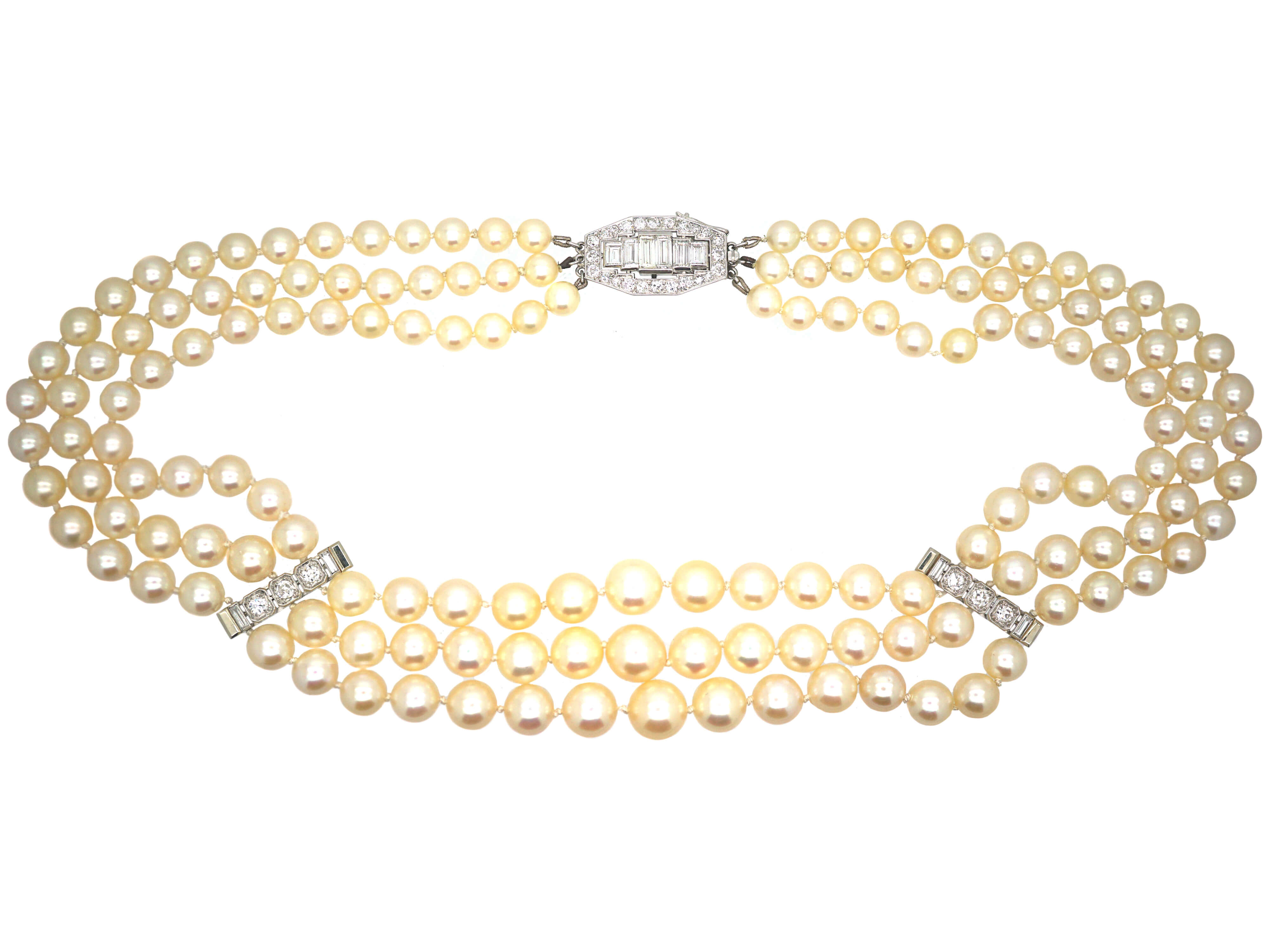 French Art Deco Cultured Pearl Three Row Necklace with Platinum & Diamond Clasp and Bars