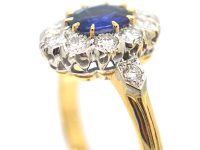 French 18ct Gold, Sapphire & Diamond Oval Cluster Ring with Diamond Set Shoulders