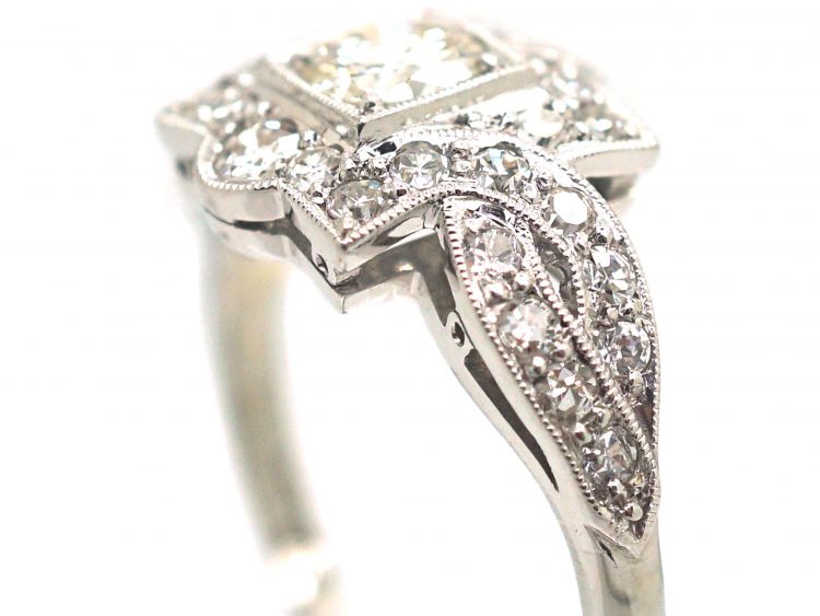 Art Deco Platinum & 18ct White Gold Square Cluster Ring with Entwined Shoulders