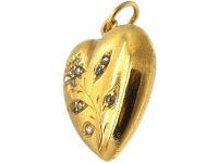 Edwardian 15ct Gold Heart Shaped Pendant with Rose Diamond Set Flower Motif