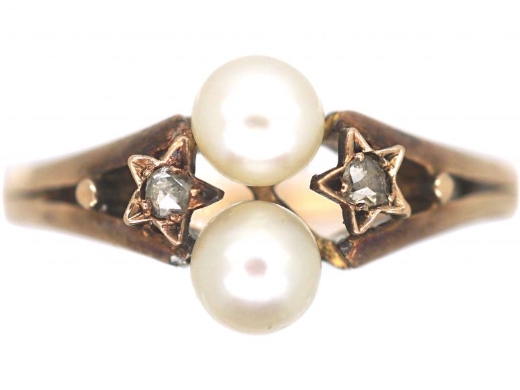 French Belle Epoque 18ct Gold Ring set with Two Natural Pearls & Two Rose Diamonds