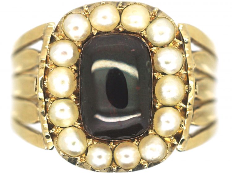 Georgian 18ct Gold, Cabochon Garnet & Natural Split Pearl Swivel Mourning Ring