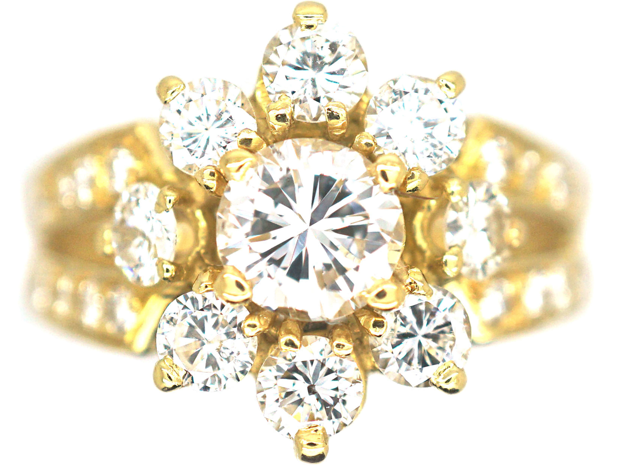 French 18ct Gold Diamond Cluster Ring with Split Shoulders set with