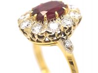 French 18ct Gold, Ruby & Diamond Cluster Ring with Diamond Set Shoulders