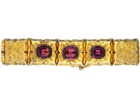 Victorian 15ct Gold Engraved Bracelet set with Three Almandine Garnets with Glazed Locket on the Reverse