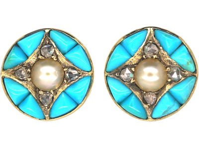 Victorian 18ct Gold, Turquoise, Natural Split Pearl & Rose Diamond Round Earrings