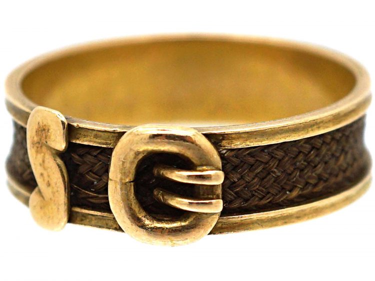 Victorian 18ct Gold & Hair Mourning Ring with Buckle Design