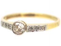 Art Deco 18ct Gold & Platinum, Diamond Solitaire Ring with Rose Diamond Set Shoulders