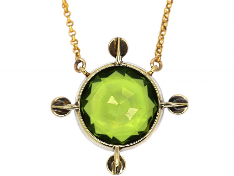 Edwardian 15ct Gold, Large Peridot & Natural Pearl Pendant on 15ct Gold Chain