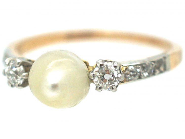French Belle Epoque 18ct Gold, Natural Bouton Pearl & Diamond Ring