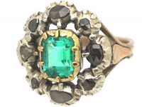 Large French Early 19th Century Emerald & Rose Cut Diamond Cluster Ring
