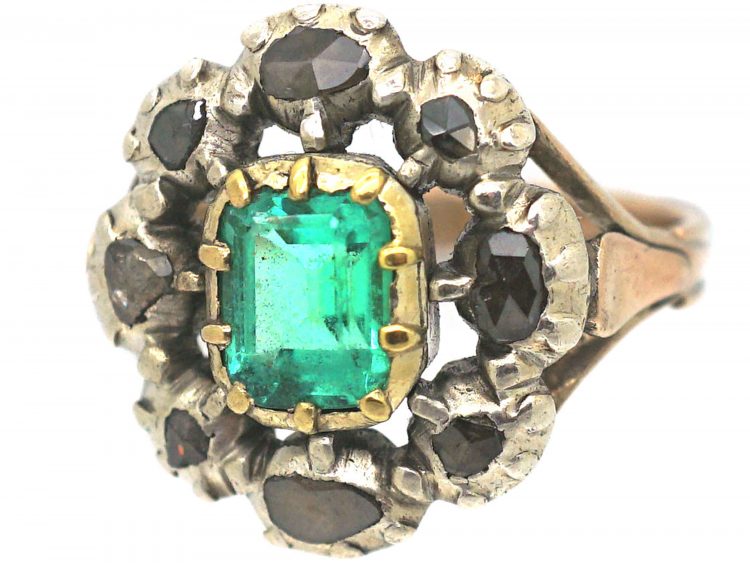 Large French Early 19th Century Emerald & Rose Cut Diamond Cluster Ring