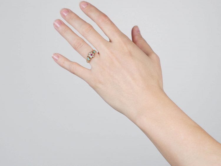 Regency 15ct Gold Ruby & Natural Split Pearl Cluster Ring with Turquoise set Shoulders & Glazed Locket on Reverse