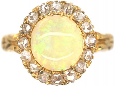 Victorian 18ct Gold , Opal & Rose Diamond Cluster Ring