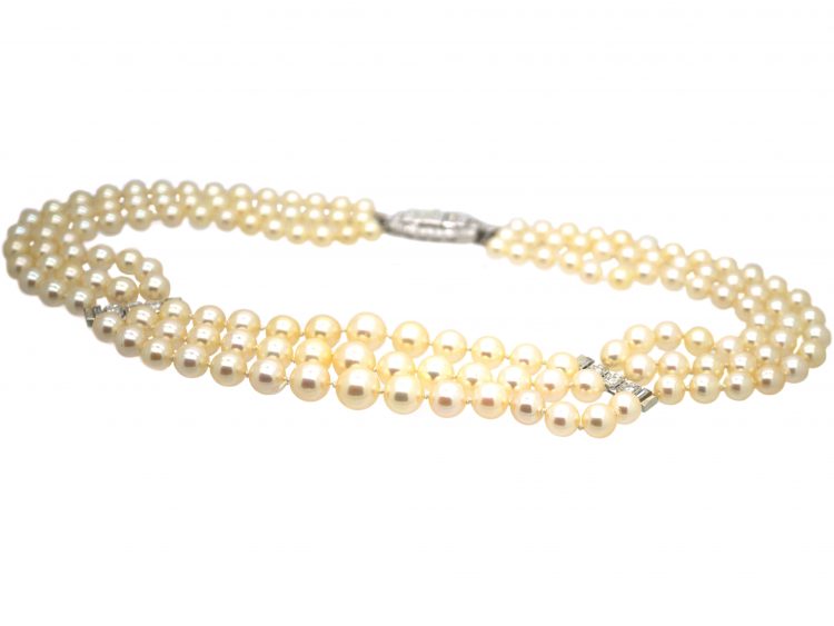 French Art Deco Cultured Pearl Three Row Necklace with Platinum & Diamond Clasp and Bars