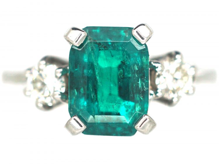 18ct White Gold, Emerald & Diamond Three Stone Ring