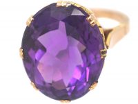 Retro 9ct Gold & Large Amethyst Ring with Ornate Gallery