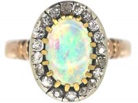 Edwardian 18ct Gold, Opal & Diamond Oval Cluster Ring