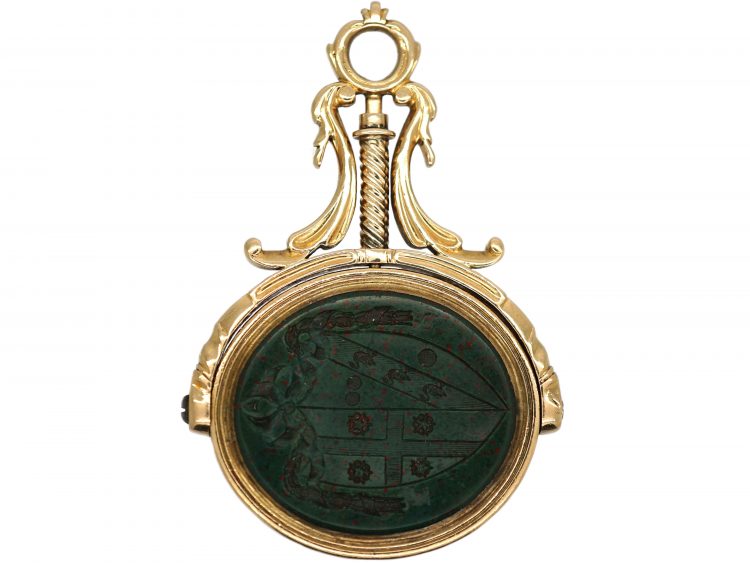 Georgian 15ct Gold Swivel Seal with Two Bloodstone Intaglios of Crests