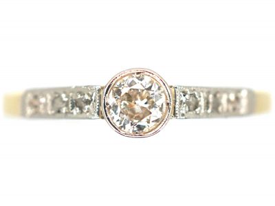 Art Deco 18ct Gold & Platinum, Diamond Solitaire Ring with Rose Diamond Set Shoulders
