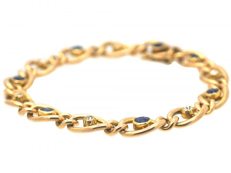 Edwardian 15ct Gold, Sapphire & Diamond Curb Link Bracelet