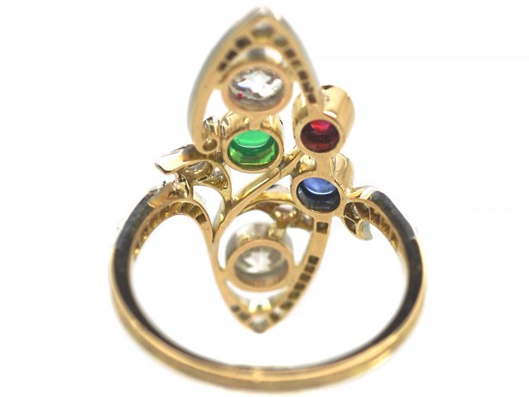 Art Nouveau 18ct Gold & Platinum, Diamond, Emerald, Ruby & Sapphire Ring