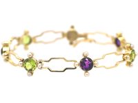 15ct Gold Suffragette Bracelet set with Amethysts, Natural Split pearls & Peridots