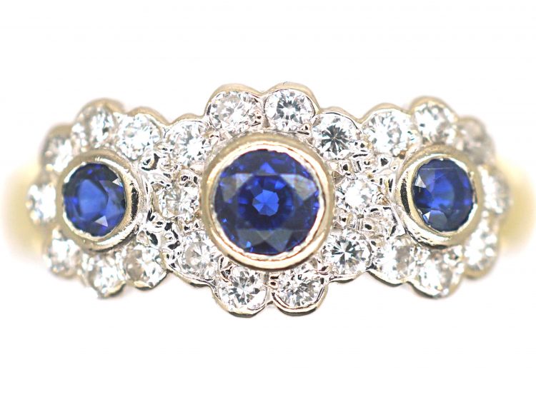 18ct Gold Triple Cluster Ring set with Sapphires & Diamonds by Charles Green & Sons