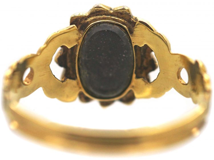 Regency 15ct Gold Flat Cut Garnet & Natural Split Pearl Cluster Ring with Glazed Locket on the Reverse