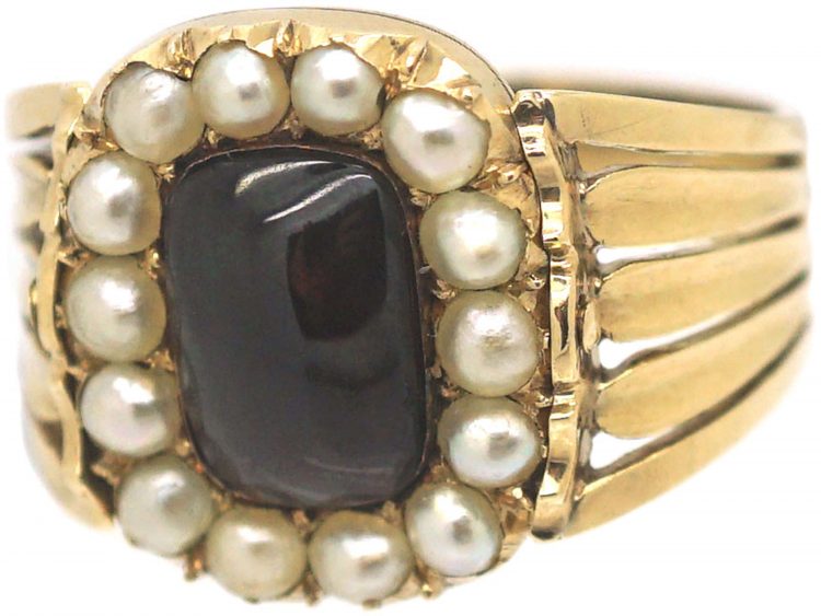 Georgian 18ct Gold, Cabochon Garnet & Natural Split Pearl Swivel Mourning Ring