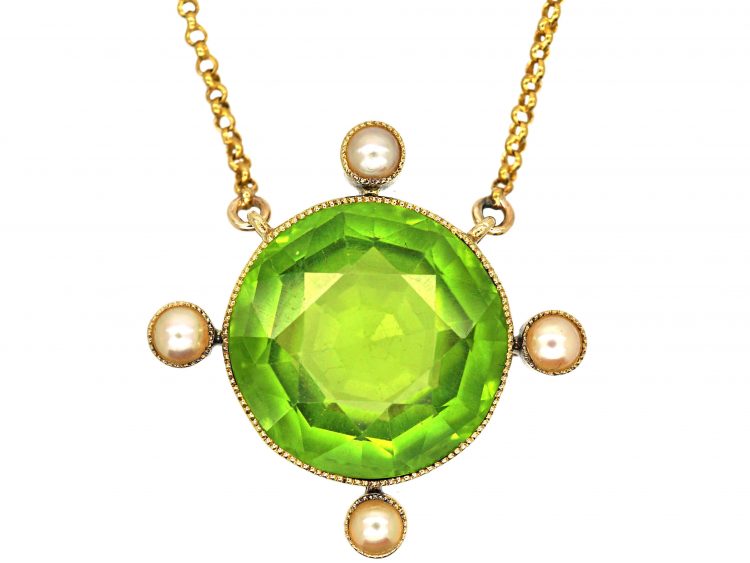 Edwardian 15ct Gold, Large Peridot & Natural Pearl Pendant on 15ct Gold Chain