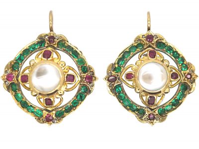 Victorian 18ct Gold, Moonstone, Ruby, Rose Diamond & Emerald Cluster Earrings
