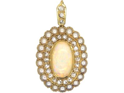 Edwardian 15ct Gold, Opal, Natural  Split Pearl & Rose Diamond Pendant